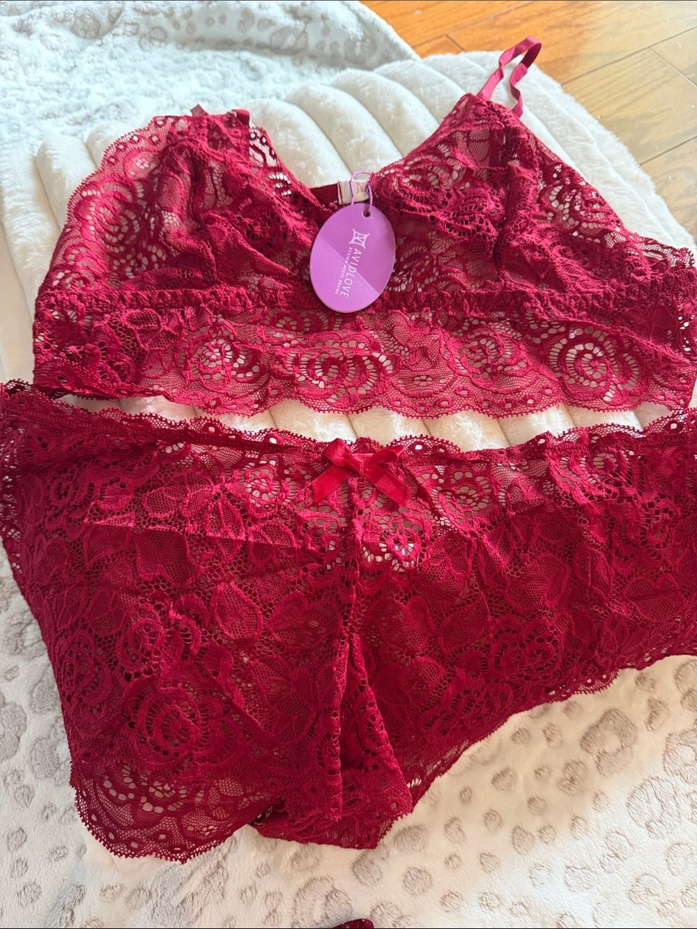 Avidlove Lace Bandeau Set in Burgundy- Bralette,Brief and Robe